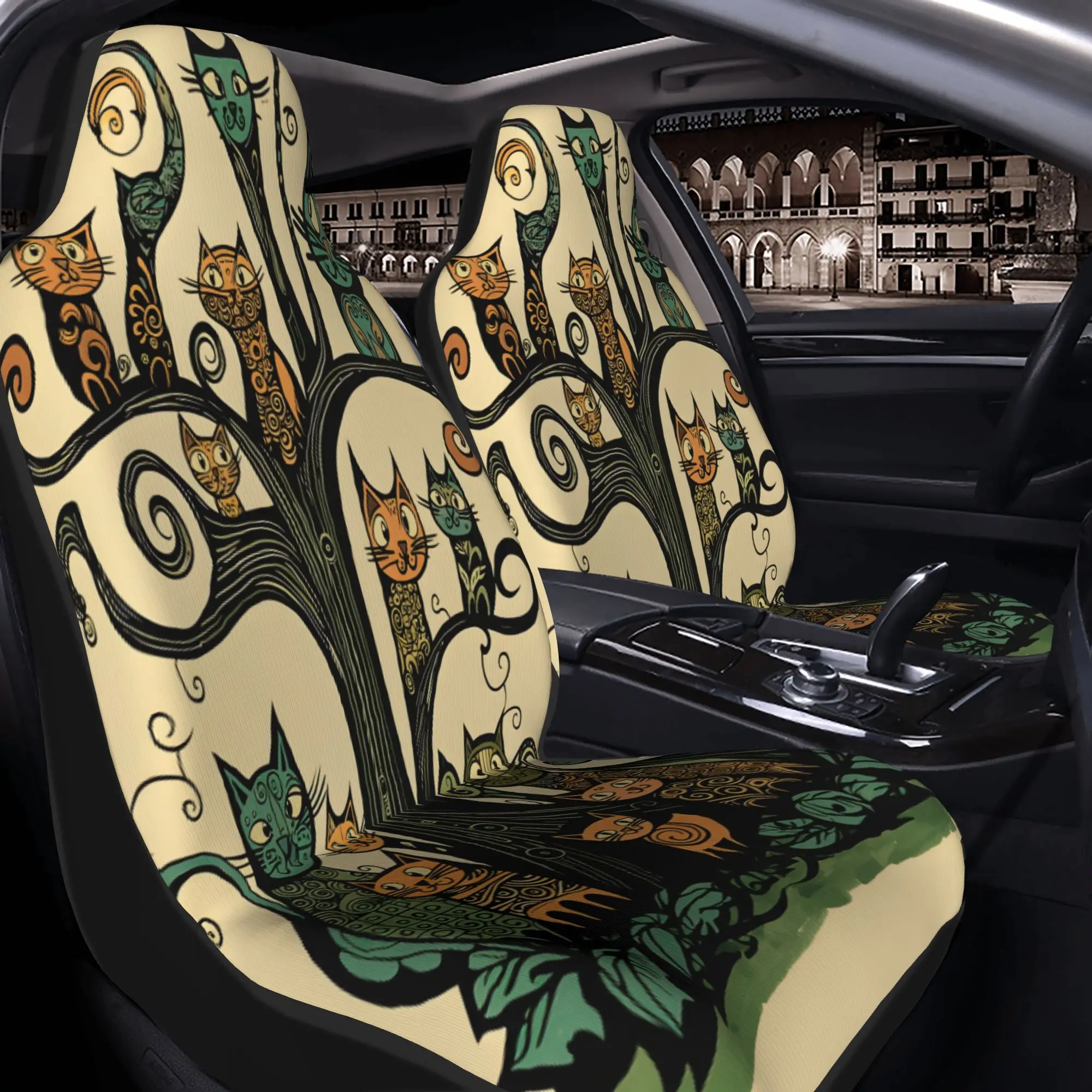 2pcs A Whimsical Tree Of Colorful Cats With Intricate Patterns And Curly Branches Car Seat Covers | Suitable For SUVs Such As Se