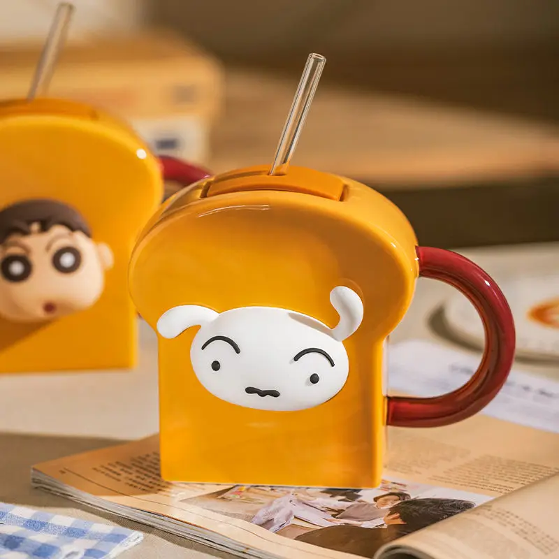 Cute Cartoon Kawaii Genuine Bread Crayon Shin-chan Ceramic Mug with Lid Straw Cup Birthday Gift Drinking Cup 250ML