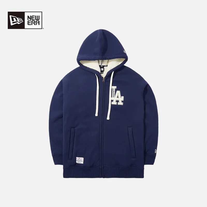 ニューエラ MLB ロサンゼルス・ドジャース フード付きジップアップスポーツカーディガン スウェットシャツ、ユニセックス、ミッドナイトネイビーブルー