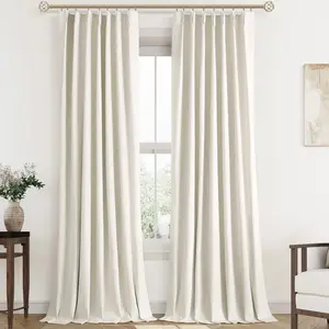 Pleated Linen Blackout Curtains 96 Inches Long for Living Room 2 Panel Set Cream Natural 100 Black Out Pinch Pleat Hooks Rings B