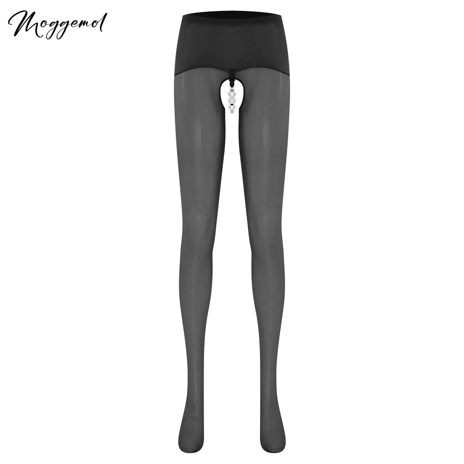 

Womens Sexy Lingerie Ultra Thin Sheer Pantyhose with Removable Faux Pearl Band Open Cortch Footed Bodystockings Nightwear Tights