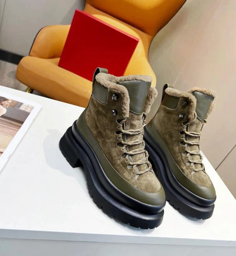 Warm Wool Fur Winter Boots Women New Arrival Lace Up Thick Sole Platform Height Increasing Cool Knight Bootie Green Brown Shoe