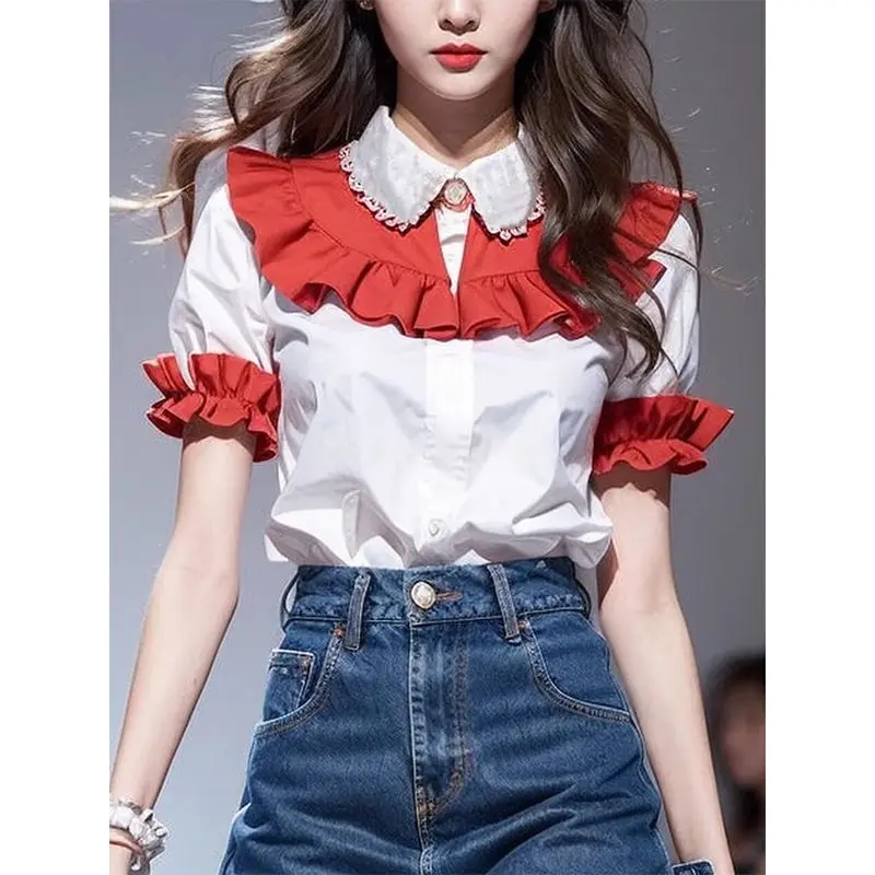 Korea Red White Puff Short Sleeve Top Female Elegant Summer Luxury Vintage Slim Blouse For Women Fashion Peter Pan Collar Shirts