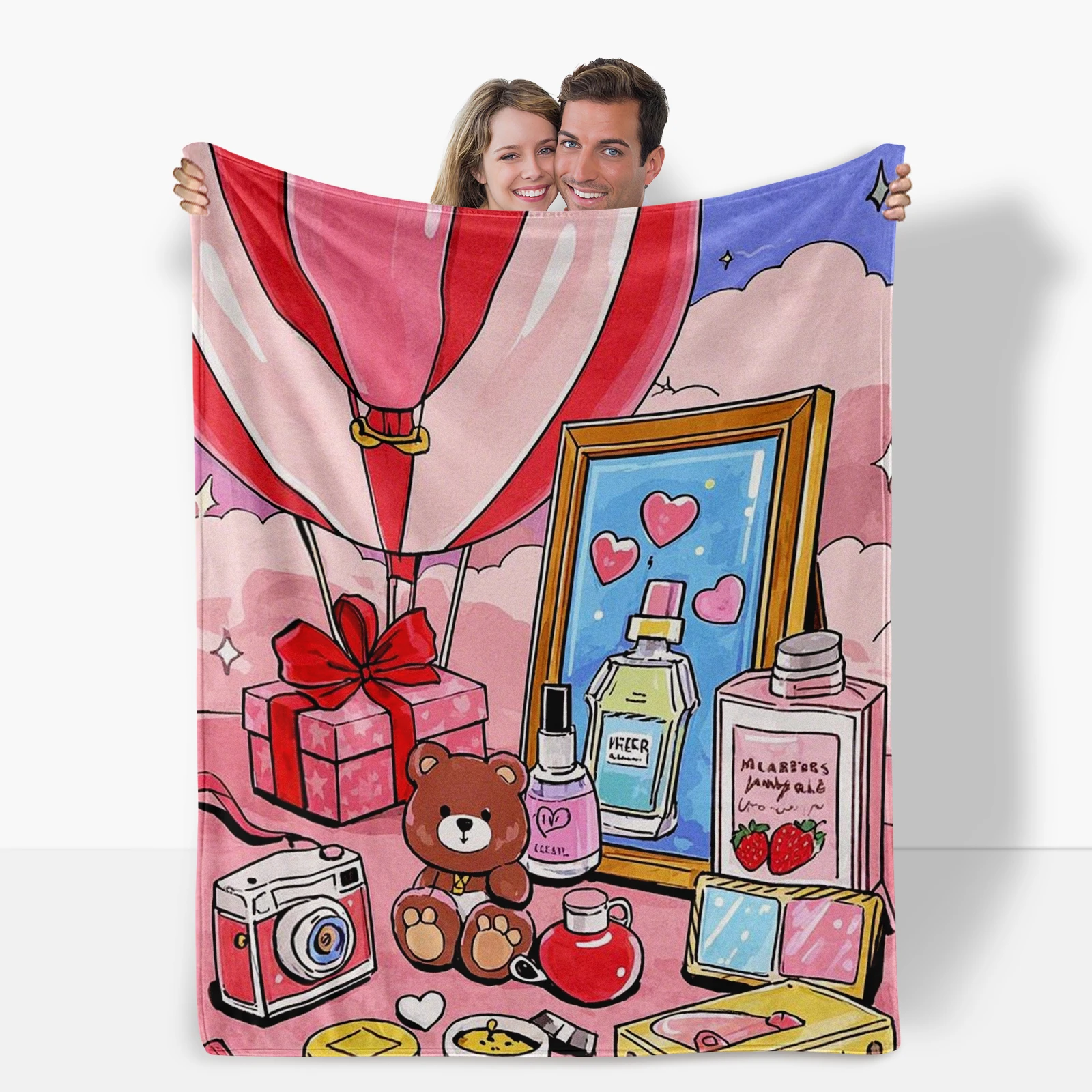 Soft Pink Flannel Valentine S Blanket Featuring Adorable Cartoon Designs Bringing Sweetness To Couple Time