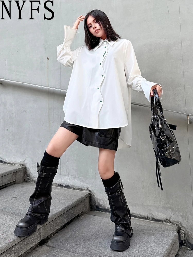

NYFS French style irregularity Women Shirt Long Sleeve Tops Loose Plus Size Single-Breasted Blusas Camisa Mujer