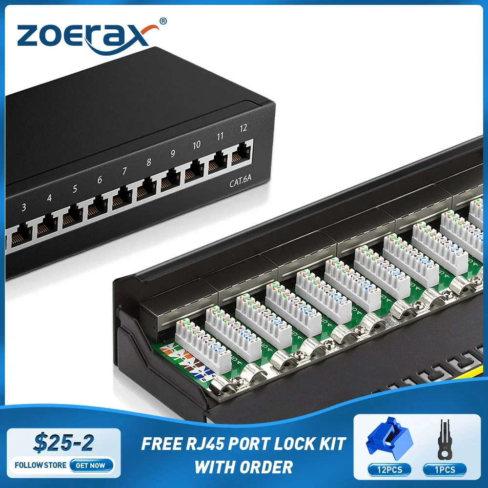 ZoeRax 10Gbps CAT6a Patch Panel  8/12 Port 1U Desktop & Wall Mounting Shielded for RJ45 Socket LAN Network Installation Cable