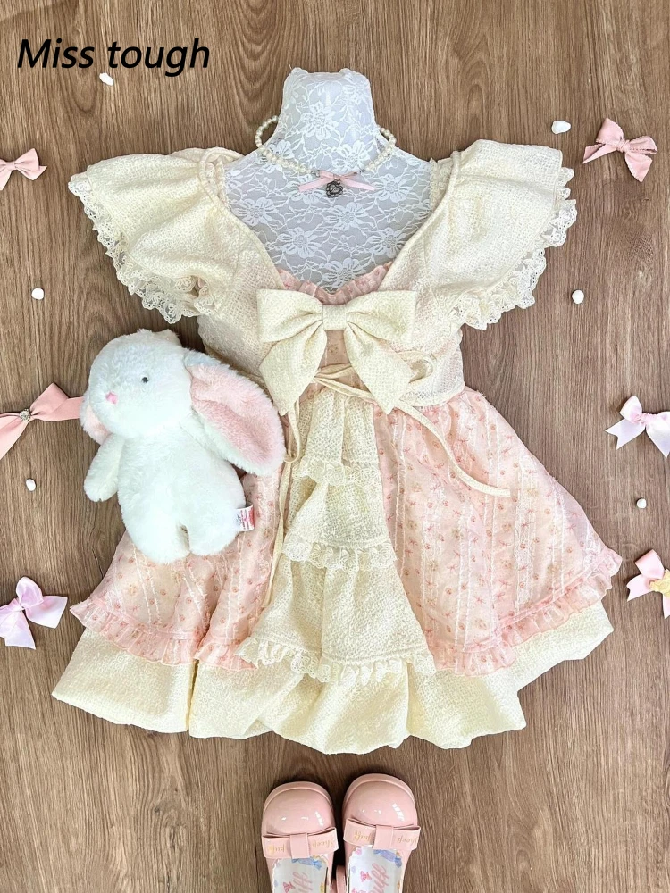 Doce lolita arco vestido de renda feminino manga puff plissado saia em camadas estilo princesa vintage cottagecore fairycore kawaii outfits