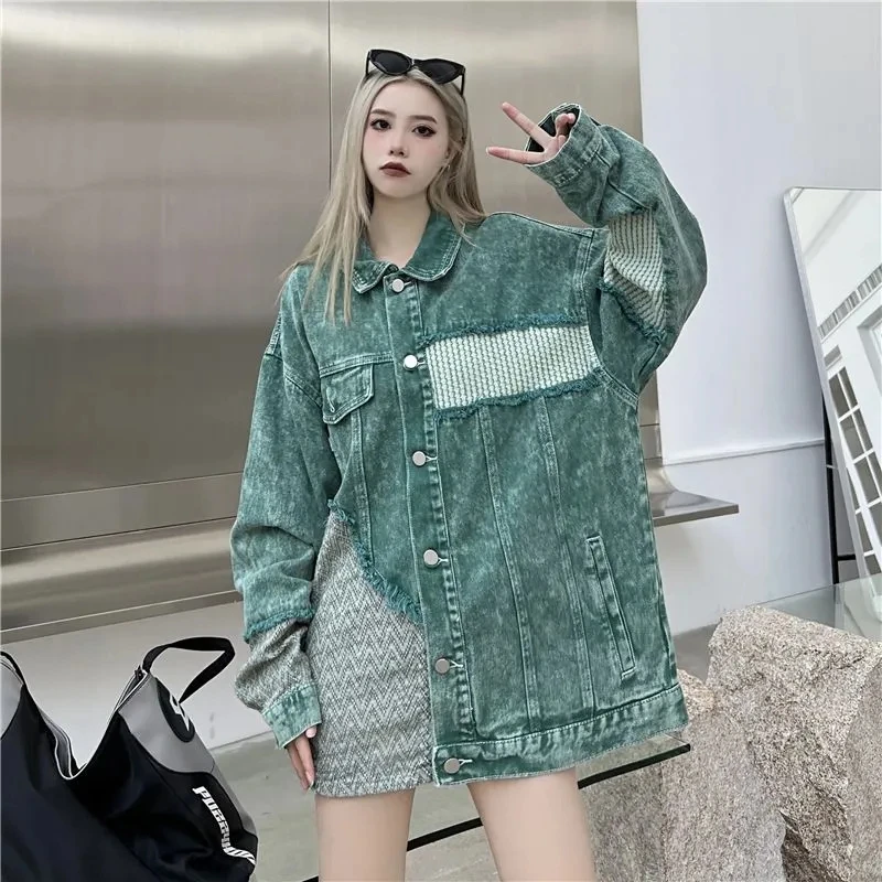 

American Retro Old Stitching Denim Jacket Female Autumn 2024 New Design Sense Niche Fried Street Long Sleeve Jacket Female Tide.