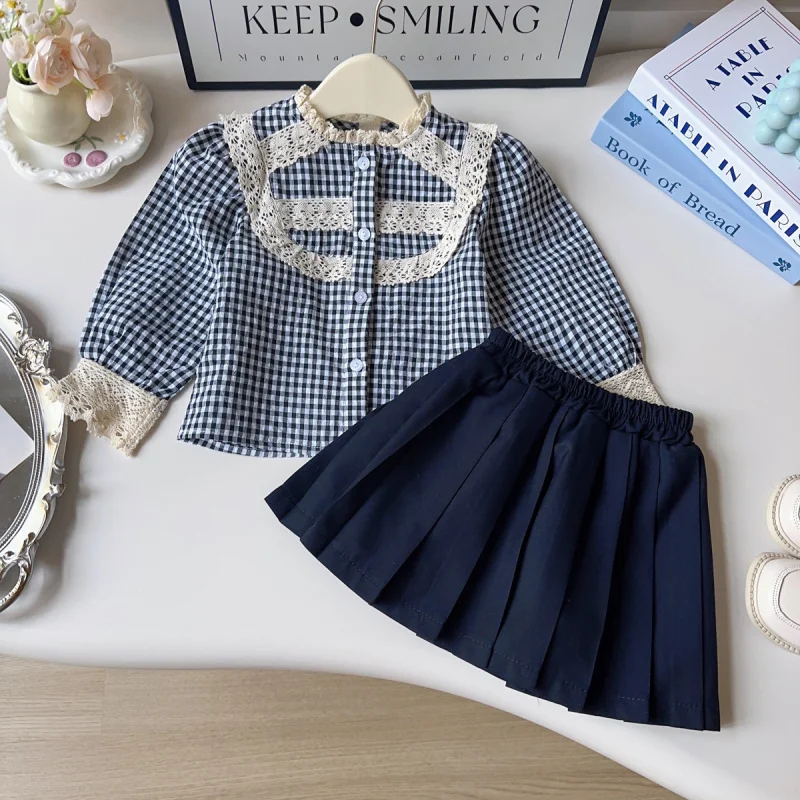 

Girls Suit2025Spring and Autumn New Retro Plaid Shirt and Pleated Skirt Two-Piece Set Wholesale