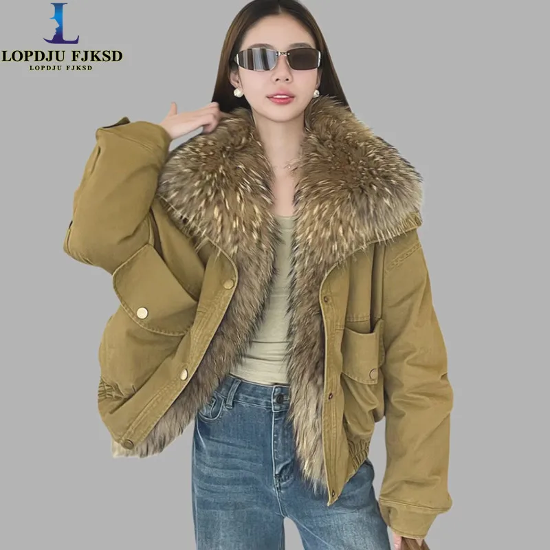 

Women Faux Raccoon Dog Fur Collar Coat Winter Jacket Female Warm Parkas Spliced Outwear Fashion Overcoat