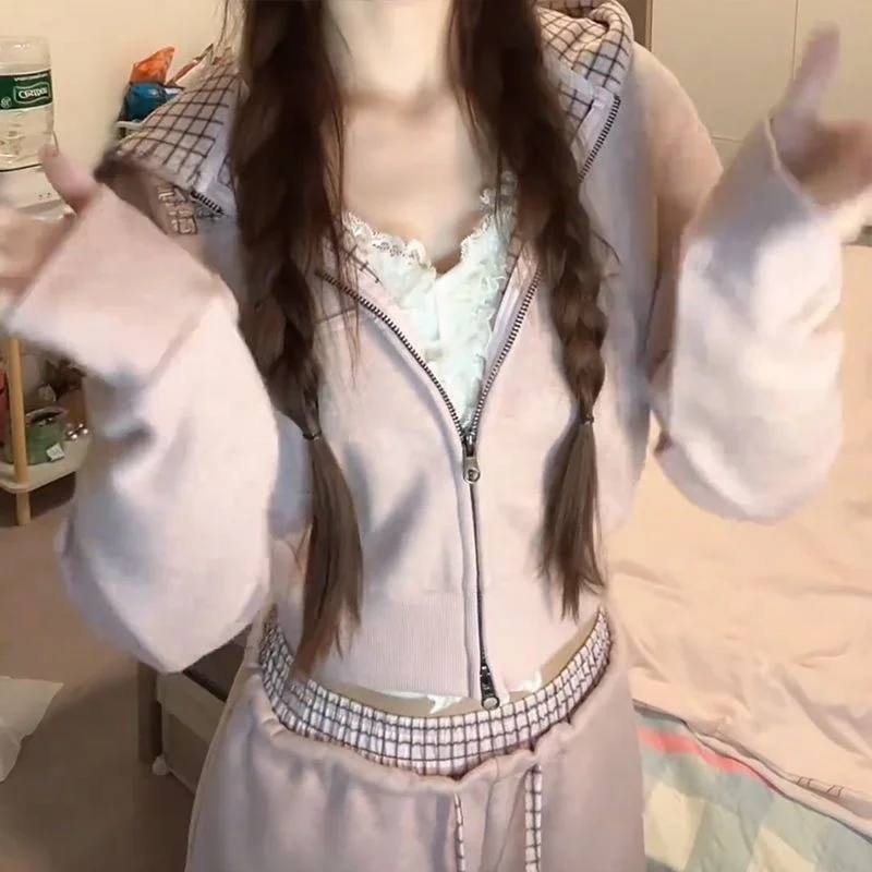 

Spring Autumn Plaid Hoodie Jacket High Waist Wide Leg Pants Two Piece Set Women's Sportswear Casual Outfit Cotton Polyester