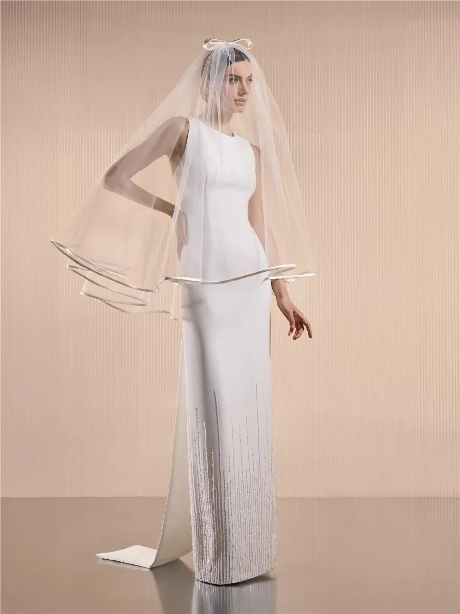 

Customized Satin Ribbon Wedding Veils with Bow Bride Veils White Ivory Bridal Accessory Women Headpiece