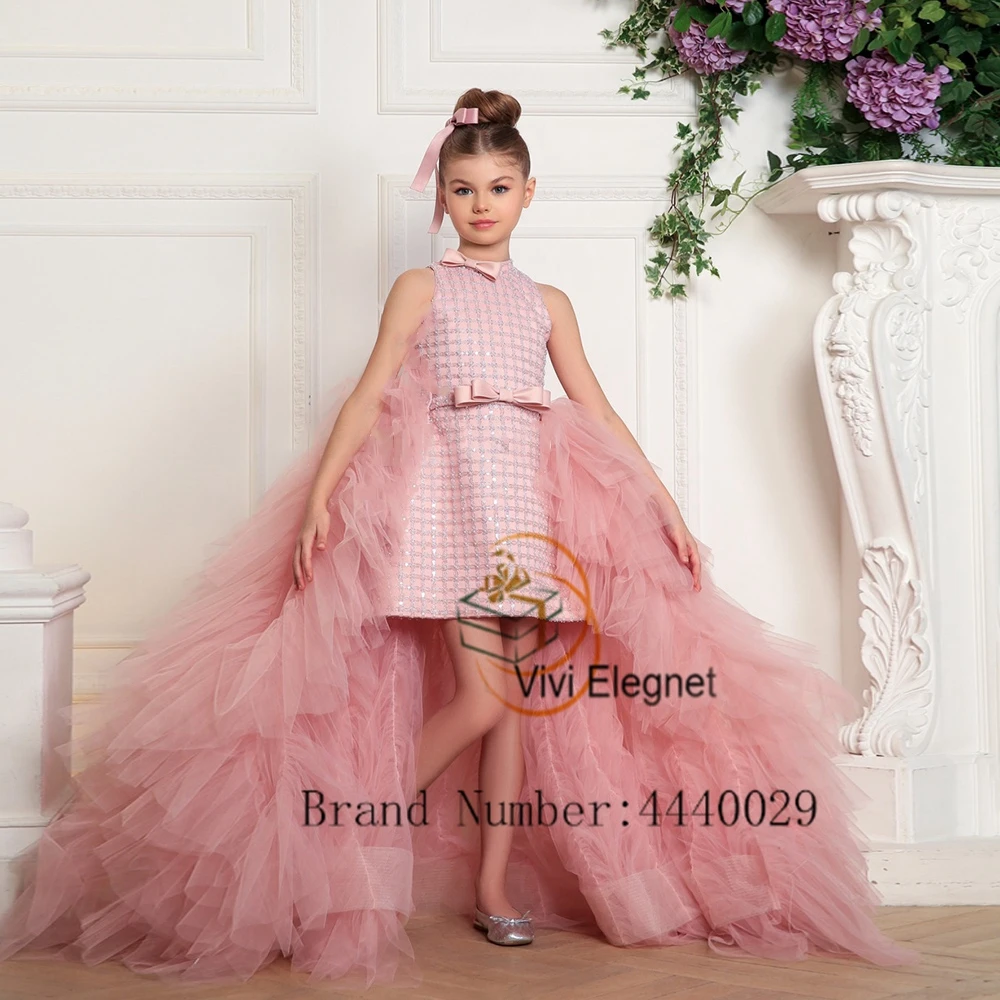 

Fashion Scoop Flower Girl Dresses with Seuqined Bow Sleeveless Tiered Wedding Party Gowns New Summer فساتين اطفال للعيد New