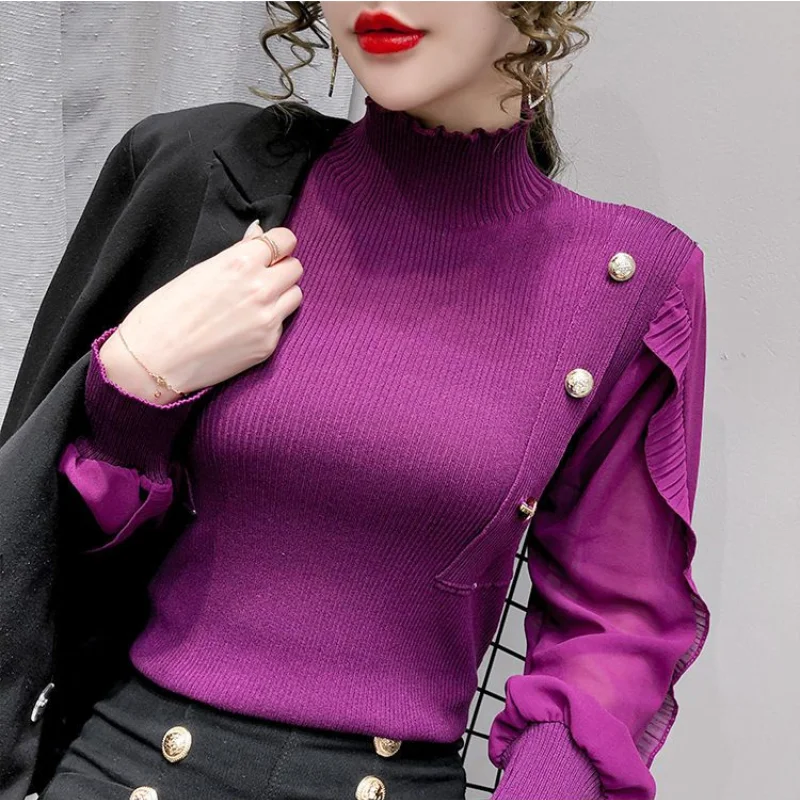 Oversize Versatile Commuter Women\'s Clothing Autumn and Winter New Buttons Half High Collar Long Sleeve Solid Color Pullover