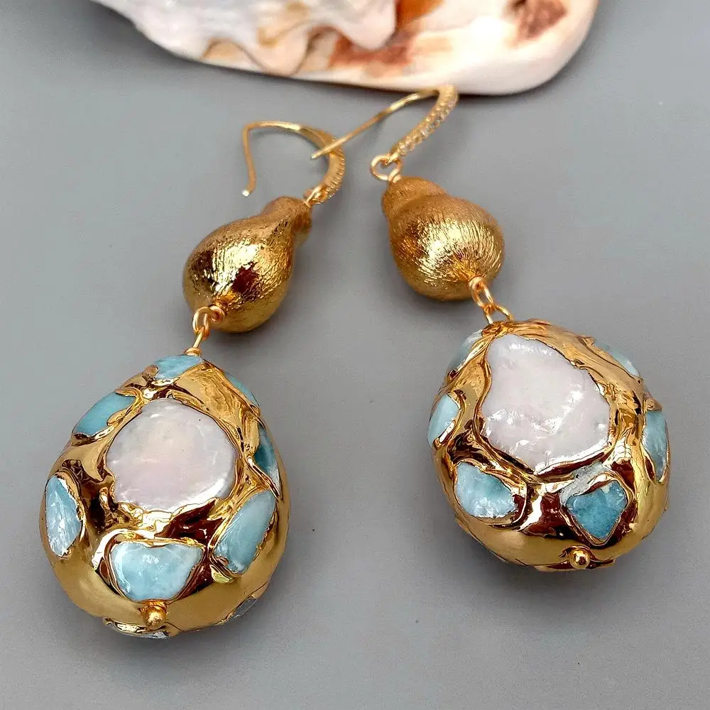 KKGEM  22x28mm  natural Blue larimar Pave Cultured White Pearl Teardrop Shape  Brushed Bead Dangle Hook Earrings