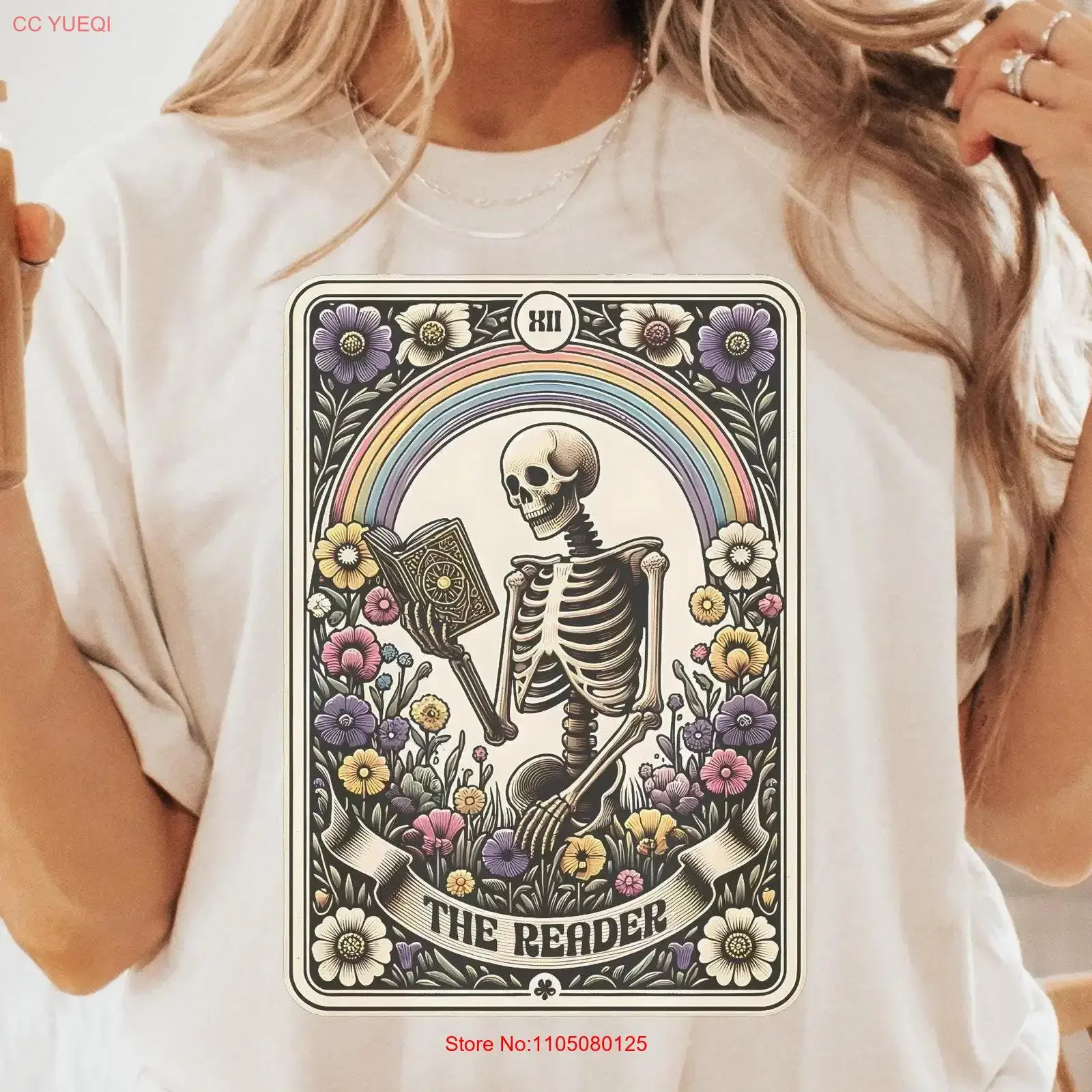 

The Reader TaroT T Shirt Skeleton Reading Book Lover For Women Card Floral vintage Washed fashion Unisex Comfortable graphic
