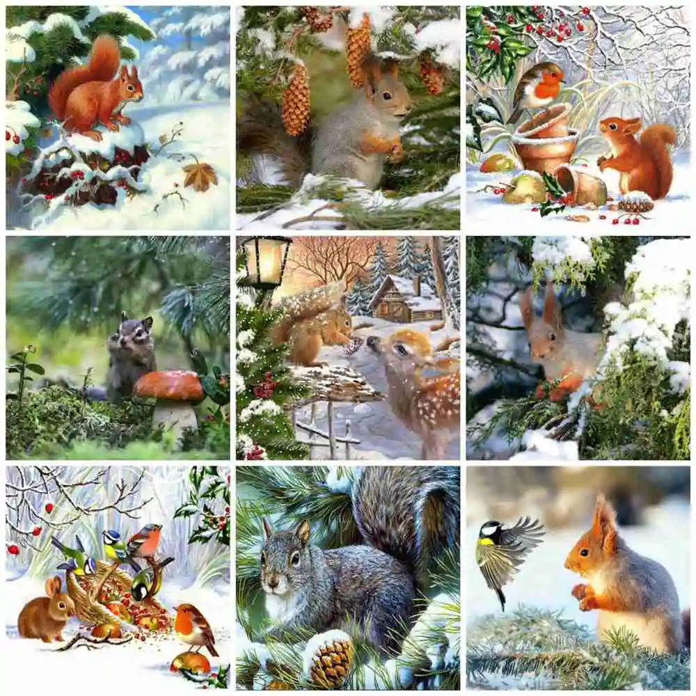 Huacan Diamond Embroidery Squirrel Tree Diamond Painting Mosaic Animal Winter Snow Cross Stitch Home Decor