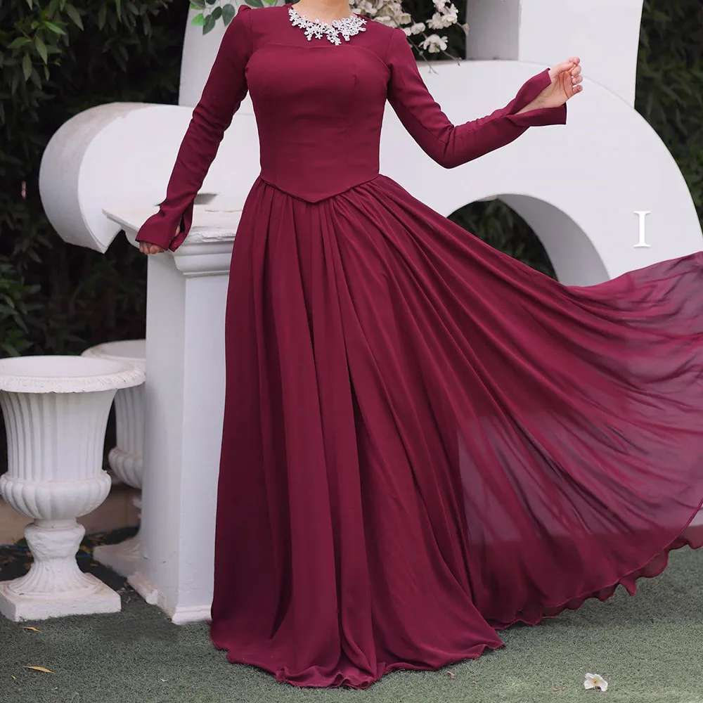 

Customized A-Line Prom Dresses Floor-Legnth O-Neck Full Sleeve Evening Gown Fashion Flowers Simple Draped Casual Party Gown