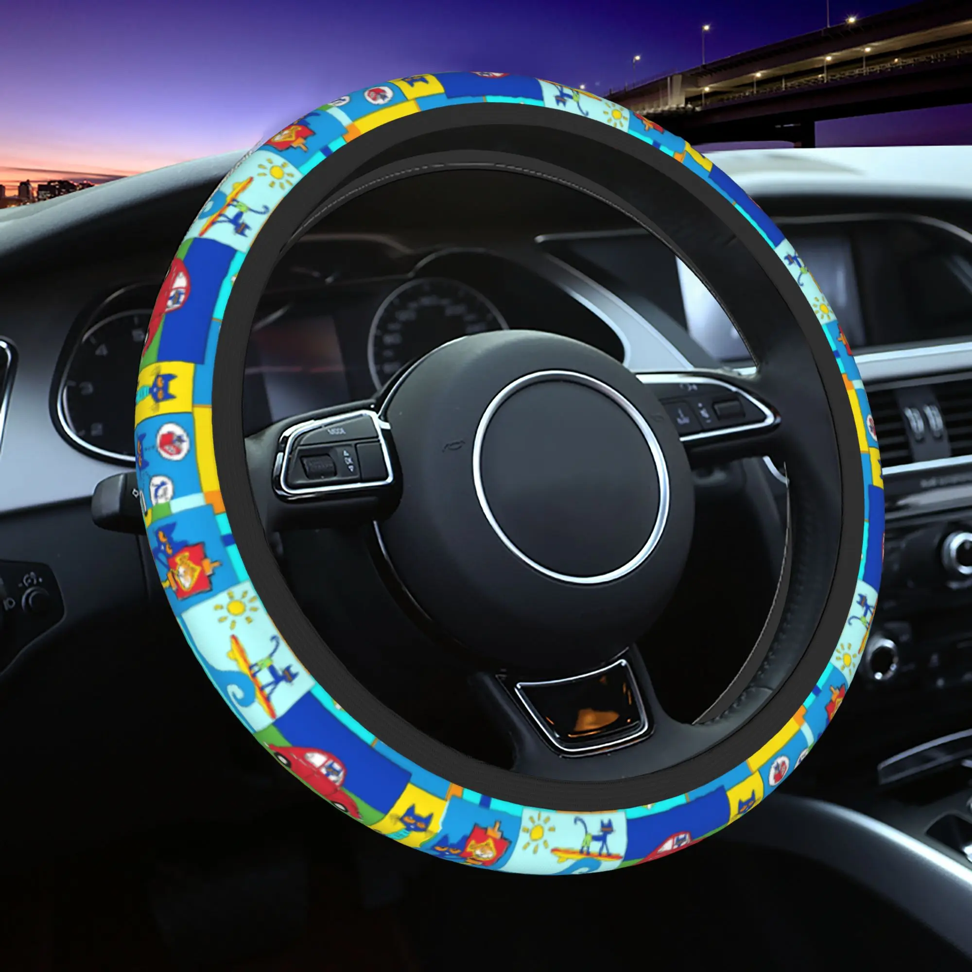 38cm Car Steering Wheel Cover Pete the Cat  Elastic Groovy Kitten Braid On The Steering Wheel Cover Auto Fashion Car Accessories