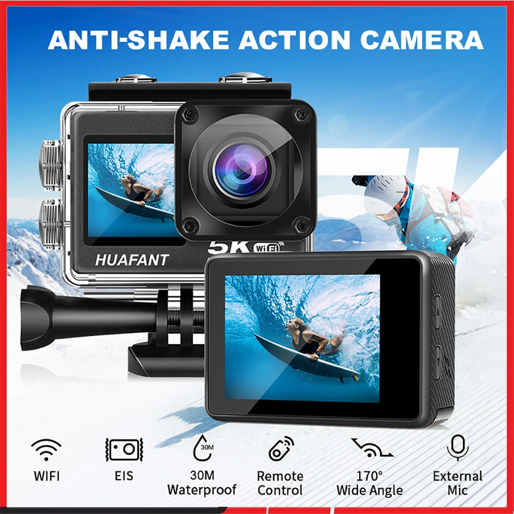 Action Camera 5K30FPS 4K60FPS 48MP 2.0 Touch LCD EIS Dual Screen Wi-Fi 170D DVR Webcam Waterproof 30M 5X Zoom Sports Camera