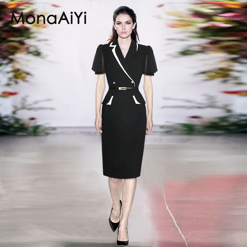 

MonaAiYi Fashion Designer spring Summer Women's Notched Butterfly sleeve Sashes Pretty Slim-Fit Hip Wrap Commuter Dresses