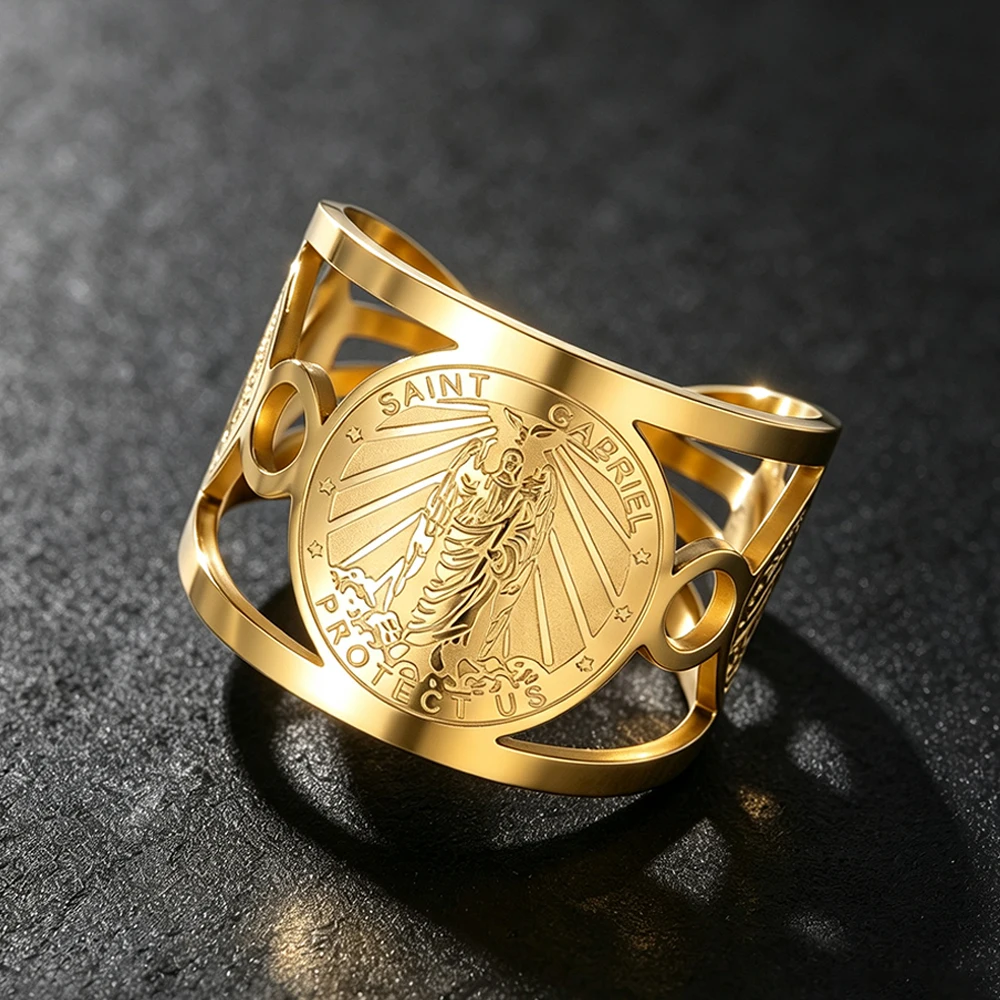 Archangel Saint Michael Gabriel Raphael Ring Adjustable Open Stainless Steel Protection Amulet Finger Rings  Blessing Jewelry