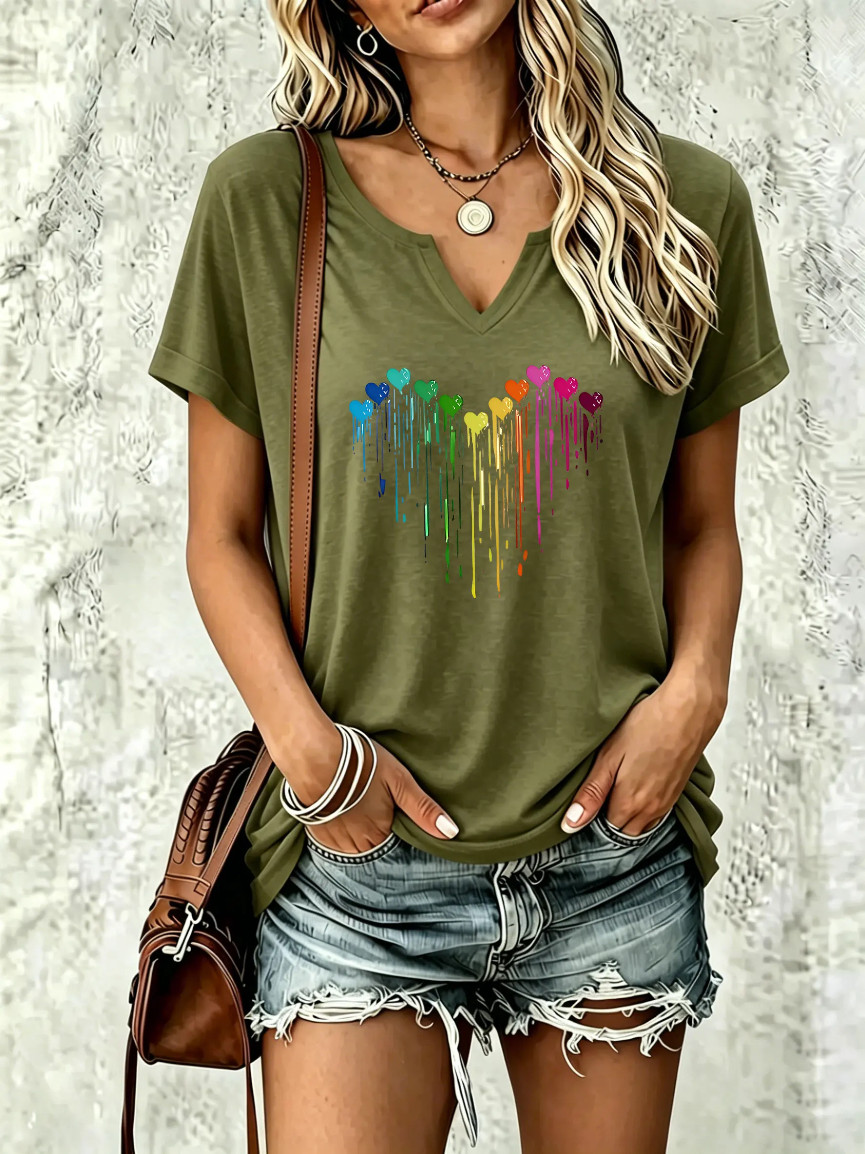 Women Summer V Neck Short Sleeve T Shirt, Rainbow Dripping Hearts Shape Paint Splash Art Print, Loose Casual Daily Party Tee Top