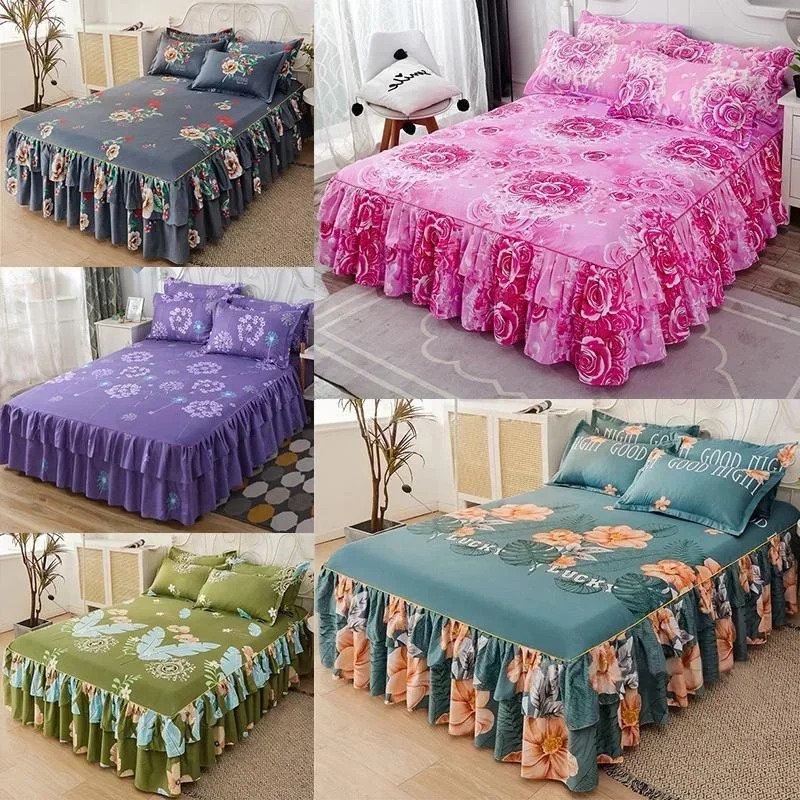 Falda con volantes colcha textil para el hogar falda de cama estampada cobertores de dormitorio colchas sábanas cubierta antipolvo ropa de cama 3 unids/set