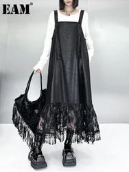 [EAM] Women Black Pu Leather Hem Lace Big Size Strap Dress New Square Collar Sleeveless Fashion Tide Spring Autumn 2024 1DH7279