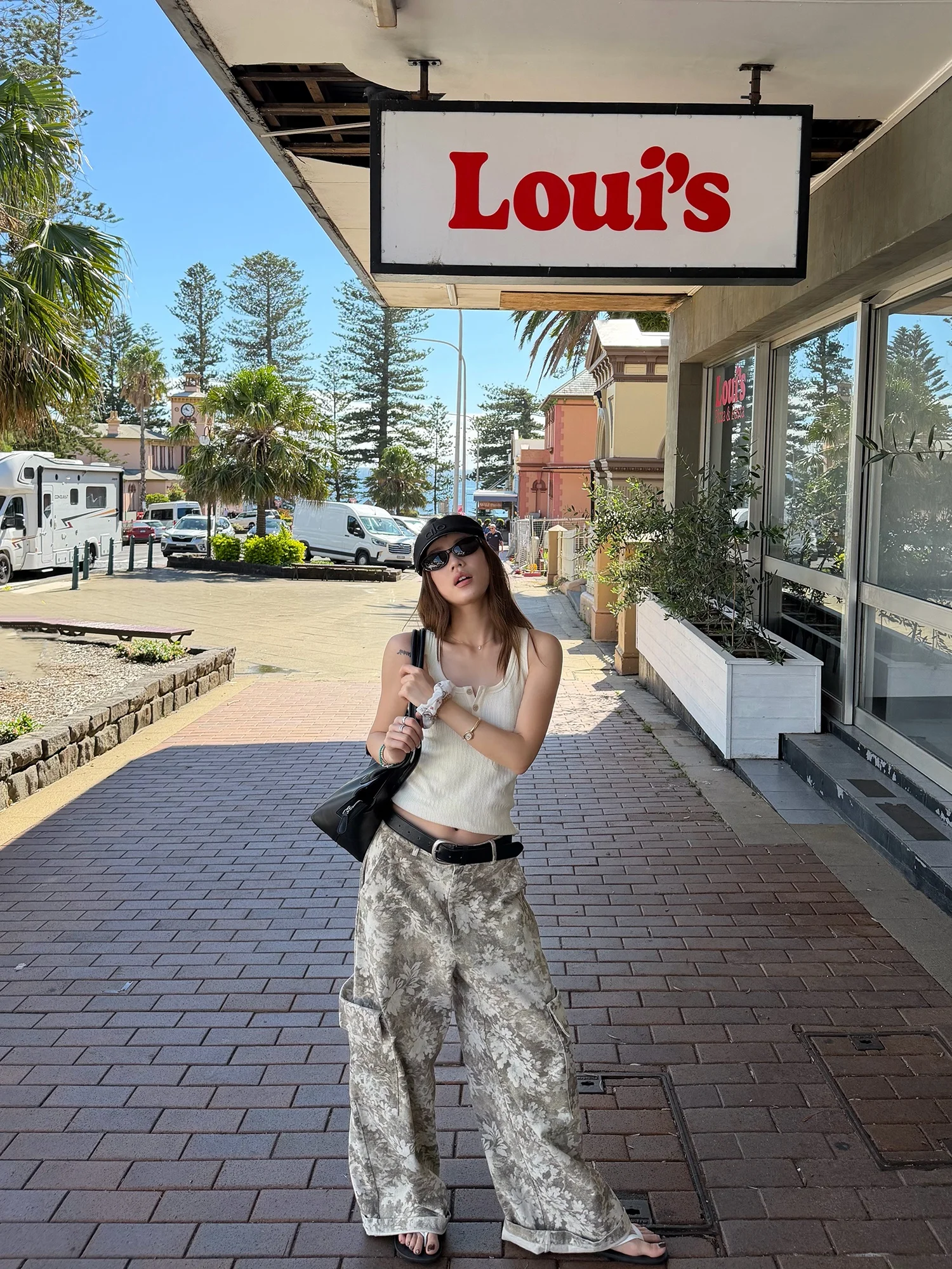 

LelyMooch Spring Summer Khaki Maple Leaf Gradient Print Wide Leg Pants Workwear Style Slimming Long Trousers Casual Cotton