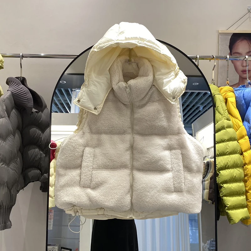 Autumn Winter Female Color Blocking Pocket Sleeveless Waistcoat Hooded Lambhair Down Vest Women White Duck Down Warm Zipper Vest