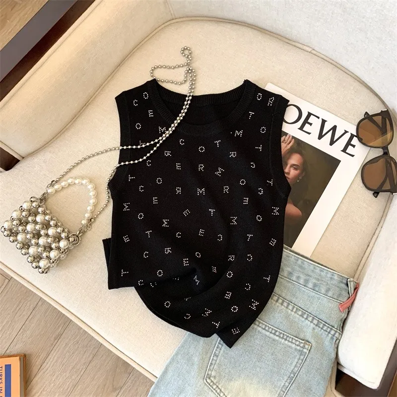 2024 Summer Slim Knit Sweater Vest Women Sexy Korean Fashion Ladies Crop Tops Letters Rhinestones Sleeveless O-neck Jumpers