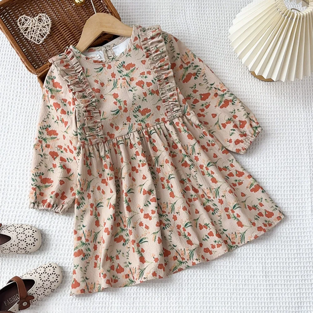 

2024 Winter New Girls Dress Long Sleeve O Neck Ruffles Print Floral Khaki Cute Designer Girls Princess Dress Vestido 3-7T