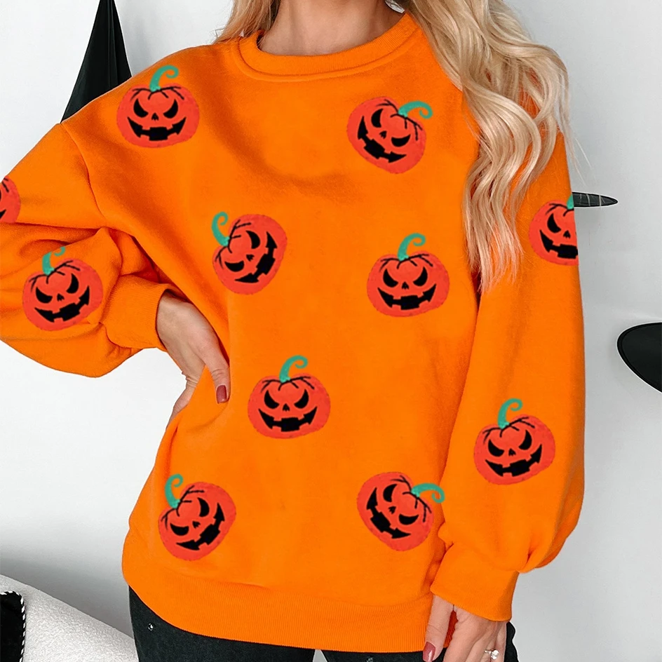 Streetwear feminino halloween solto moletom manga longa em torno do pescoço abóbora impressão pulôver