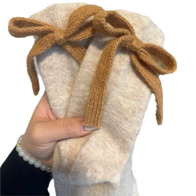 Autumn Winter Rabbit Wool Socks Kawai Bow Women Fleece Thickened Cotton Mid-tube Sock Korean Three-dimensional Jewelry Stockings