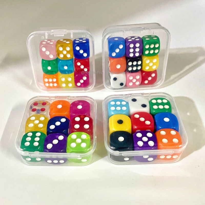 9 Pieces Transparent Color Dice with Box 6 Sided Dice for Board Games 14mm 16mm Bulk for Math Learning Dice for Classroom