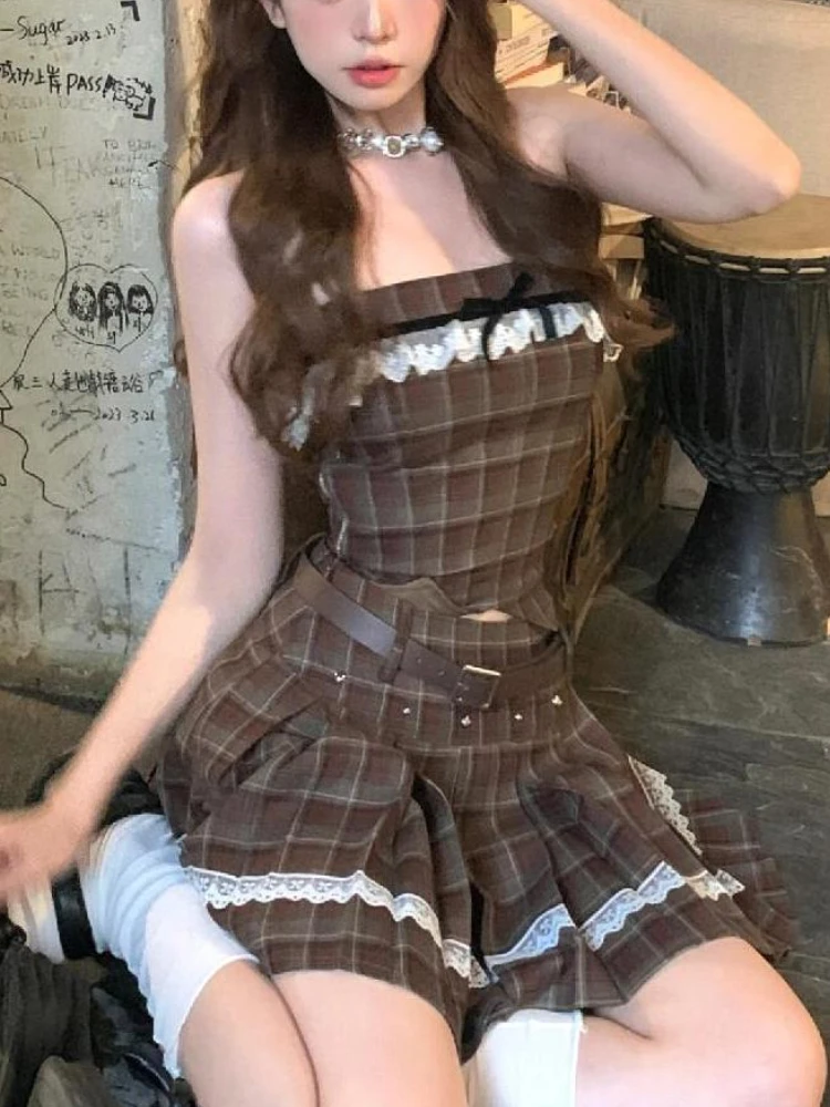 Korean Fashion Vintage Elegant Plaid 2 Piece Set Women Summer Lace Party Mini Skirt Suit Female Preppy Style Bow Retro Set 2024