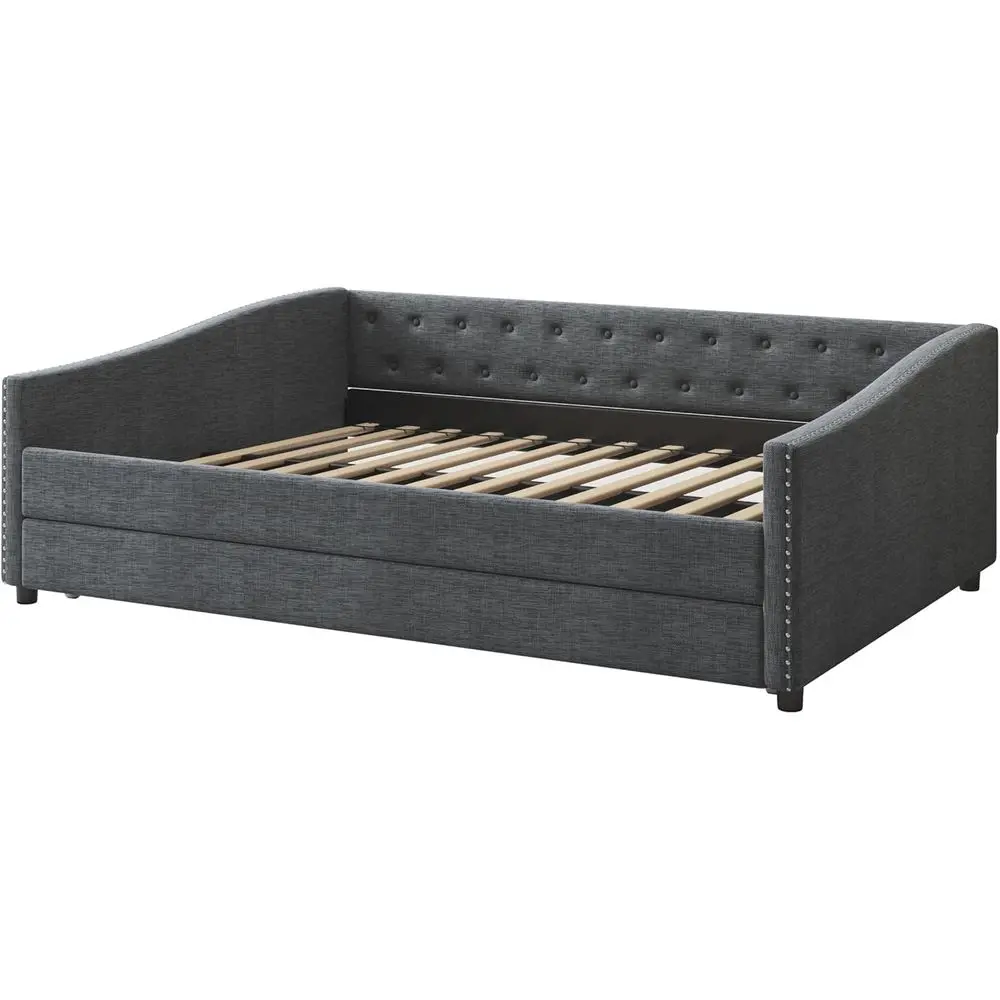 Upholstered Daybed with Trundle, Tufted Sofa Bed, Button-Tufted Back, Piping on Arms, Dark Grey, No Box Spring Needed for Bedroo