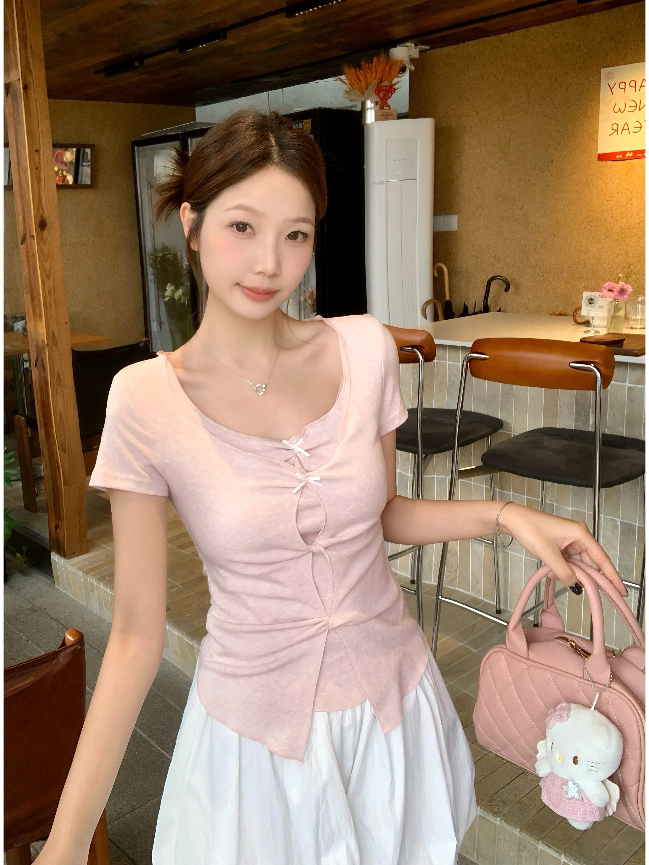 

Женская футболка больших размеров с коротким рукавом в горошек Pure Desire, летняя новинка, уникальный топ с утягивающим эффектом на талии и декоративным узлом Commu...