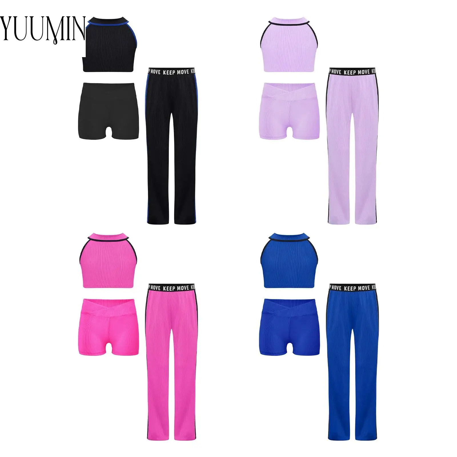 

3Pcs Kids Girl Fashion Contrast Color Sports Outfit Sleeveless Ribbed Vest Shorts Pants Suit for Yoga Gym Sports Running Workout