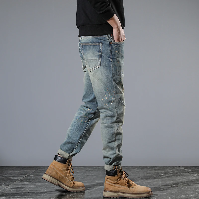 2024 high-end new small feet Slim hole men's jeans American retro old fashion holes personality splash ink men's trousers