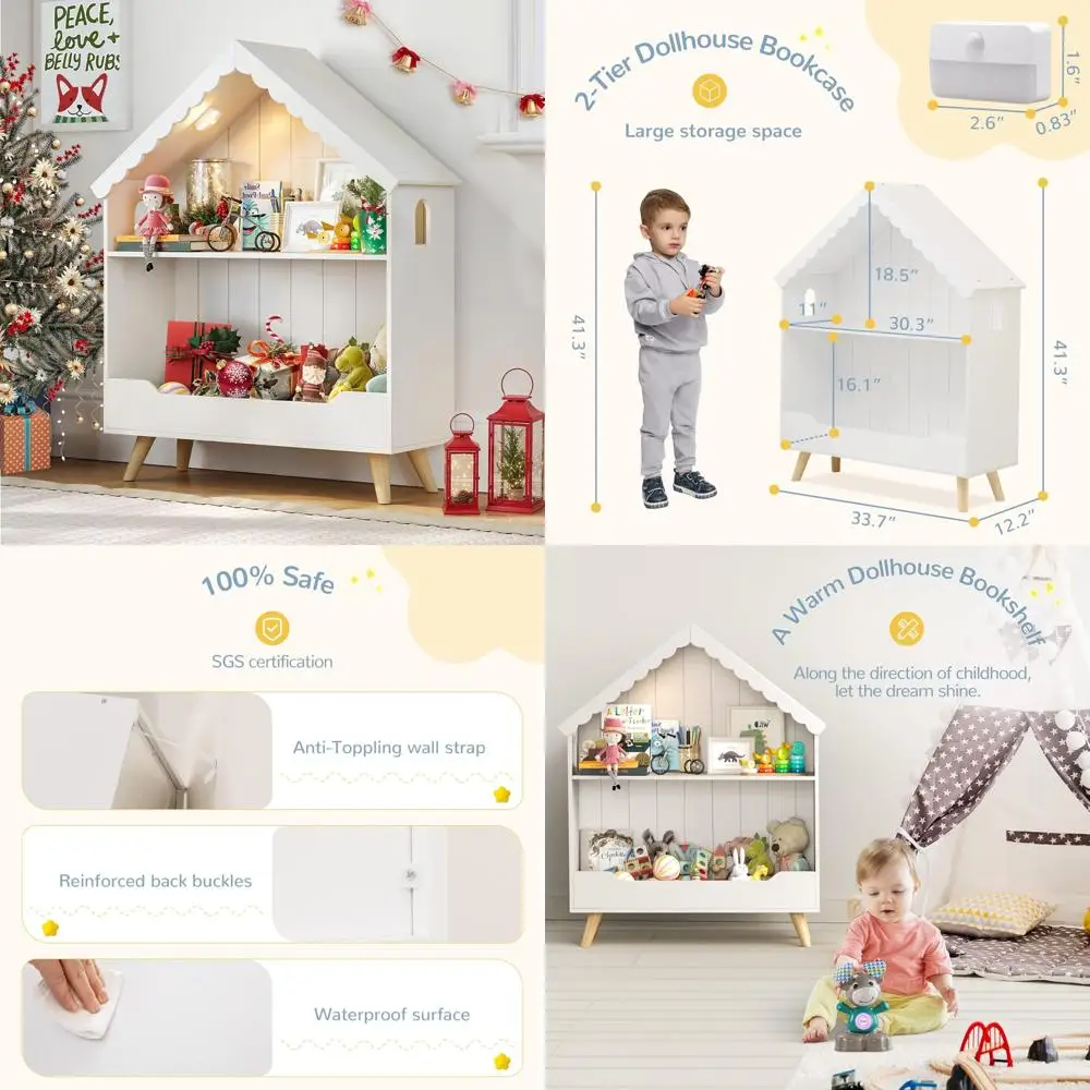Wooden Kids' Bookshelf with Motion-Activated Light, 2-Tier Open Display Organizer for Toys and Storage