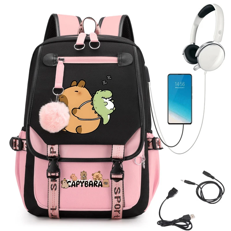 حقيبة ظهر ذات سعة كبيرة لطلاب المدارس الثانوية، حقيبة ظهر للسفر باللون الأسود والوردي لطلاب المدارس المتوسطة، حقائب كتب كابيبارا أنيمي