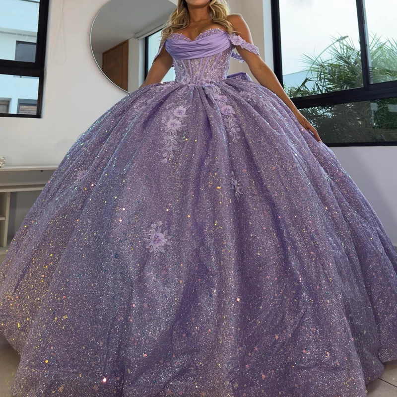 

Lilac Quinceanera Dresses Ball Gown Off The Shoulder Applique Beading Crystal Bow Tull Party Birthday Sweet 16 Dress Vestidos 15