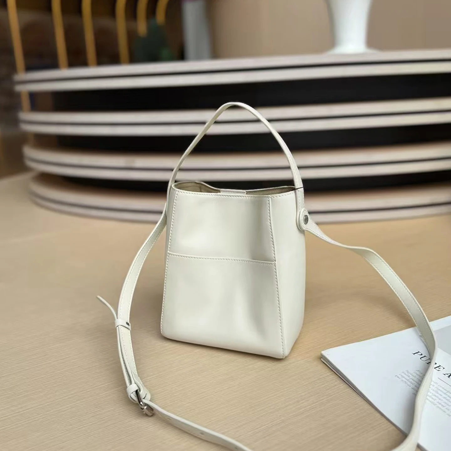 Genuine Leather Bucket Bag for Women Top Layer Cowhide  ﻿ Luxury Drawstring  Shoulder Bag Wide Strap Crossbody Bag Minimalist