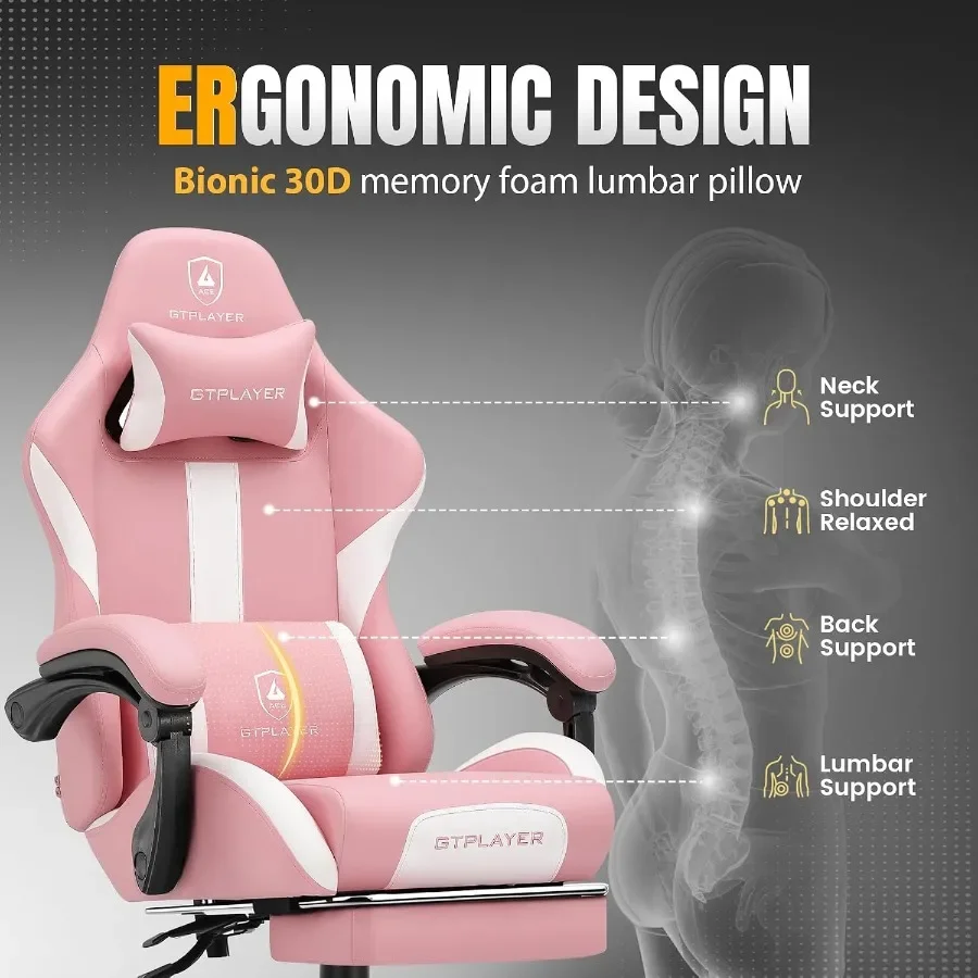 Gaming Chair with Foot Rest Pocket Spring Cushion, Ergonomic High Back Computer Chair for Home Office Desk, PU Leather, Pink, E view 5