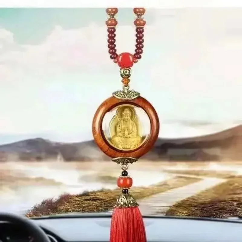 Huali Wood Gold Plated Guanyin Charms Car Pendant Decorations Get Rich And Out of Ping An Blessing Bezpieczne wiszące lusterko wsteczne