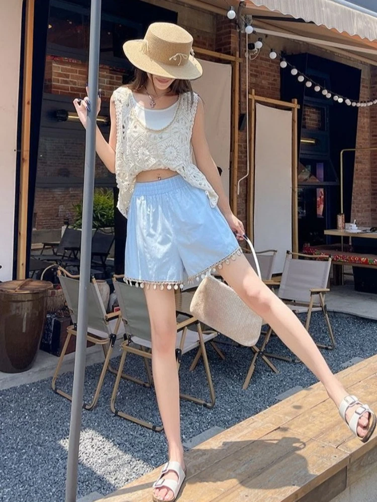 

Summer 2026 New Patchwork Shell Fringe Drawstring Shorts Women High Waist Baggy Straight Leg Cotton Beach Shorts