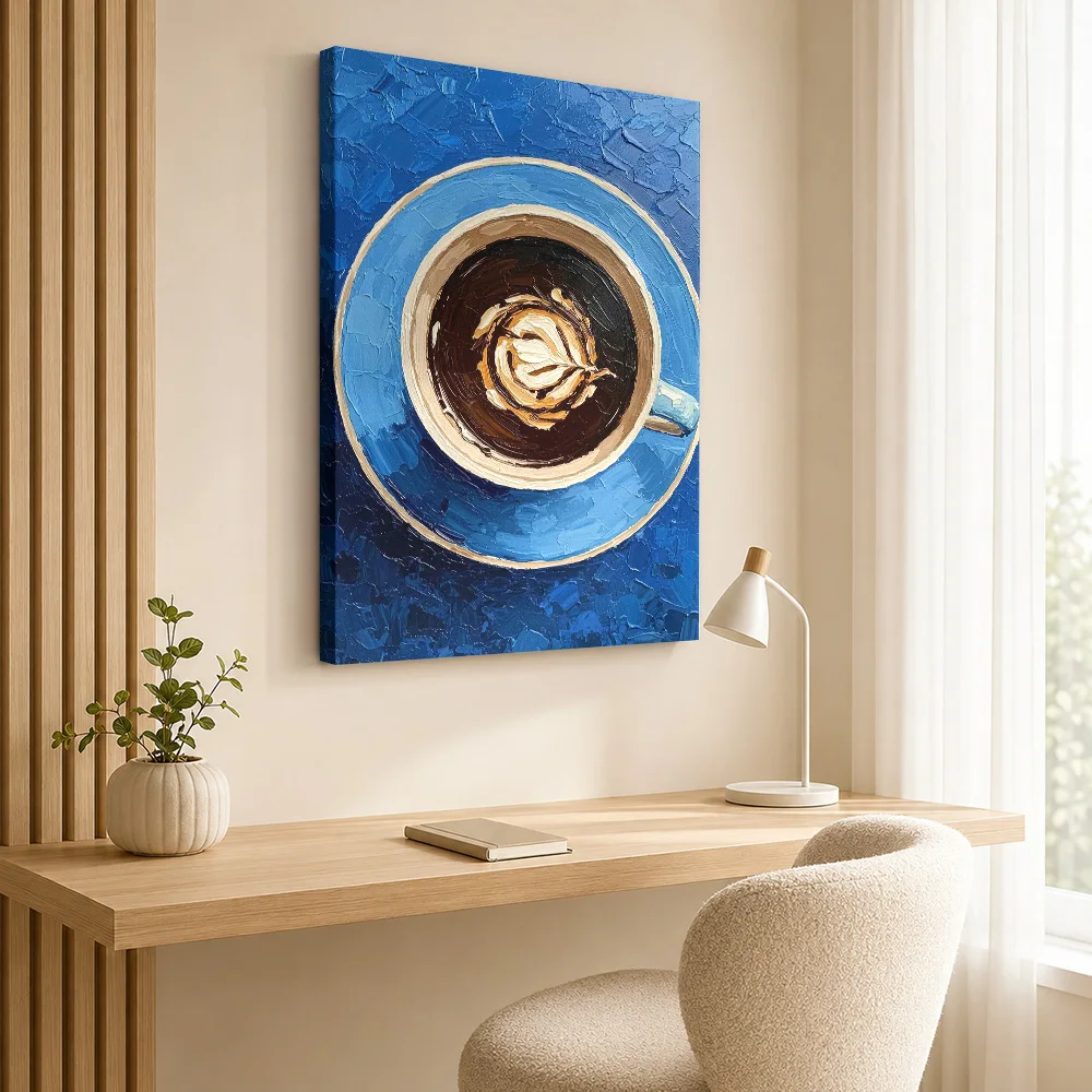 Coffee Cup With Rosette On Blue Canvas Poster Customized Photo Detailed Painterly Composition Wall Art For Cafe Seating Area