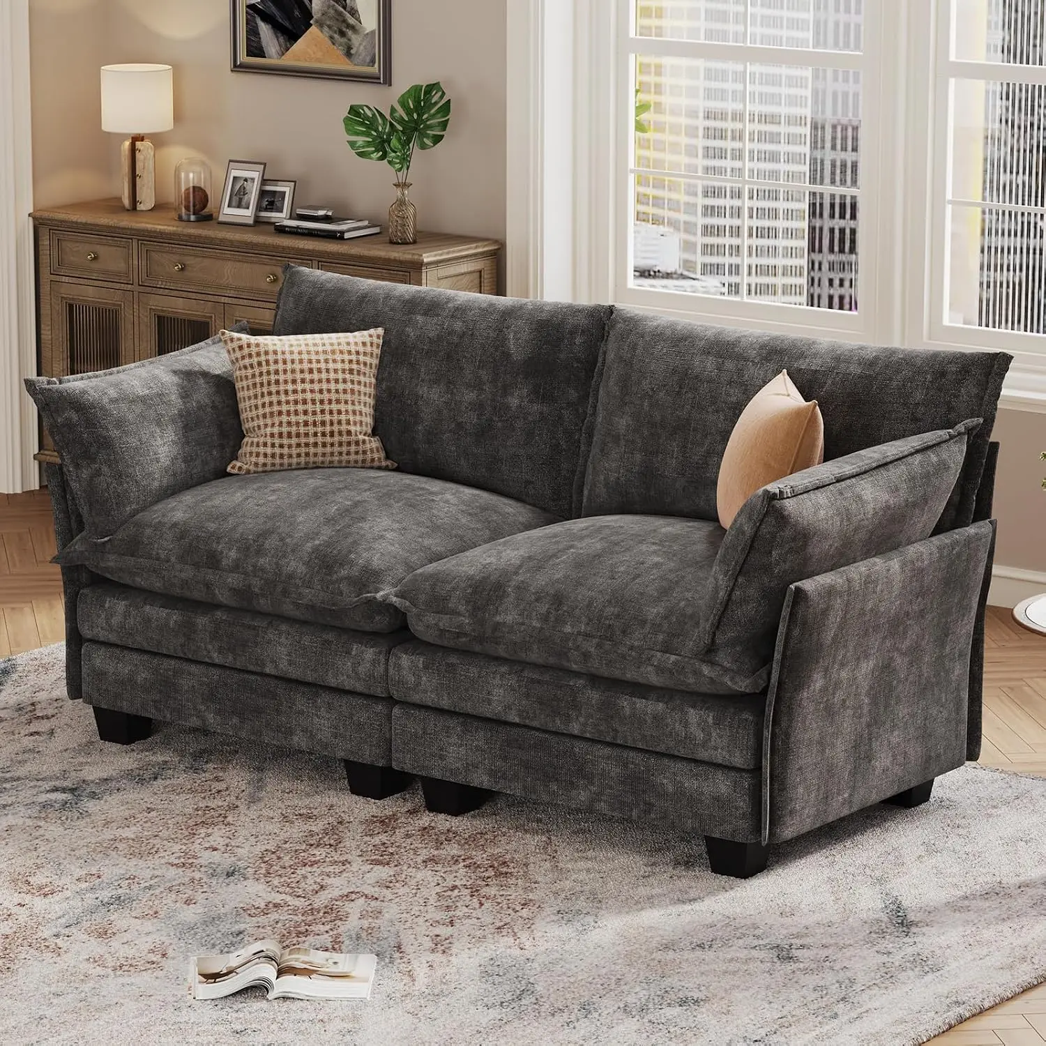 Chenille Modular Sectional Sofa 2 Seater, Modern Cloud Couch For Living Room & Apartment, Grey, Customized